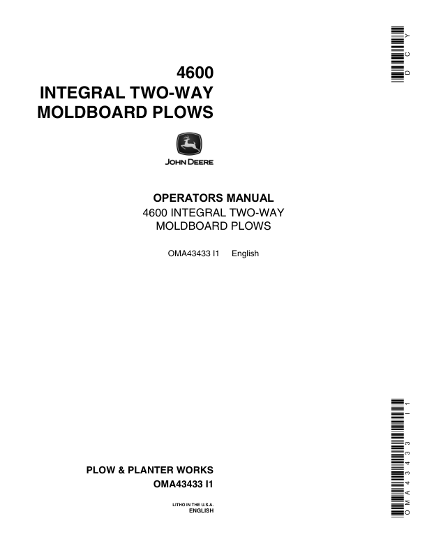 John Deere 4600 Integral Two-Way Moldboard Plows Operator's Manual (OMA43433)