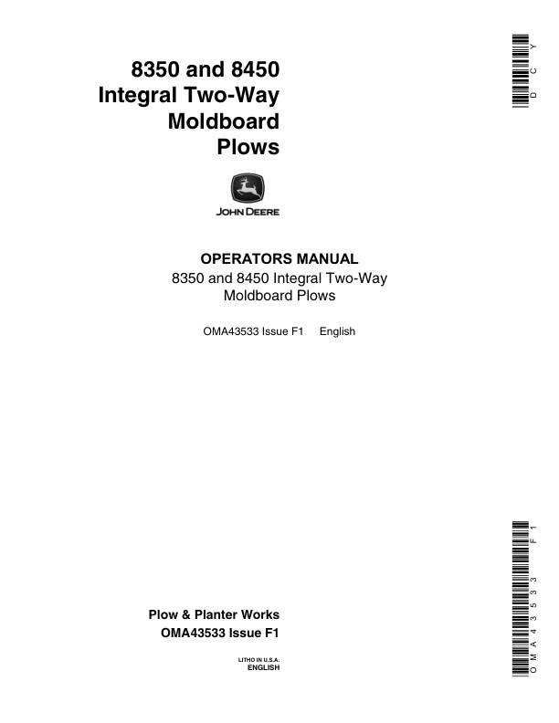 John Deere F8350, F8450 Moldboard Plow Operator's Manual (OMA43533)