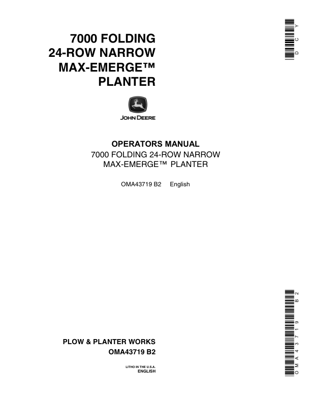 John Deere 7000 Drawn (Folding) Planters 24RN Operator's Manual (OMA43719)