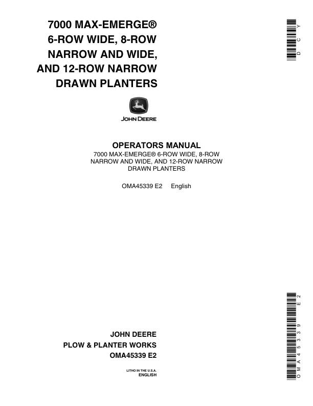 John Deere 7000 Drawn (Cotton & Corn) Planters 6RW, 8RN, 8RW, 12RN Operator's Manual (OMA45339)