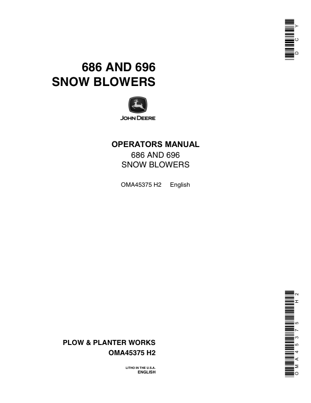 John Deere 686, 696 Snow Blowers Operator's Manual (OMA45375)
