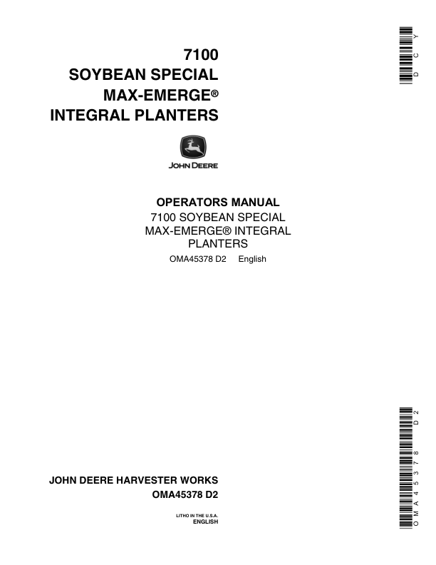John Deere 7100 Integral Planters - Soybean Special Operator's Manual (OMA45378)