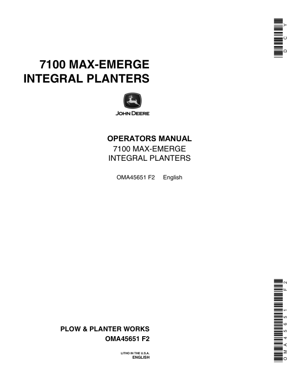 John Deere 7100 MaxEmerge Integral Planters Operator's Manual (OMA45651)