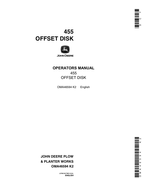 John Deere 455 Offset Harrow Disk Operator's Manual (OMA46594)
