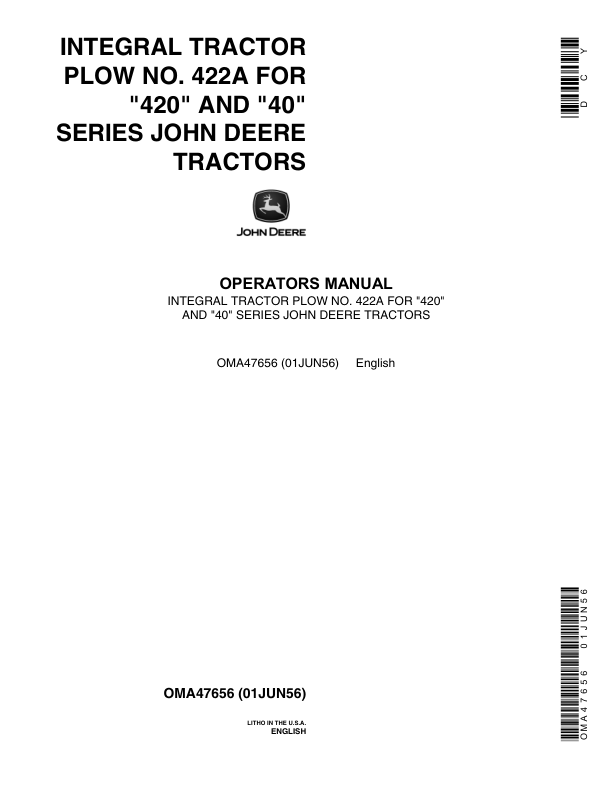 John Deere 422A Moldboard Plow Operator's Manual (OMA47656)