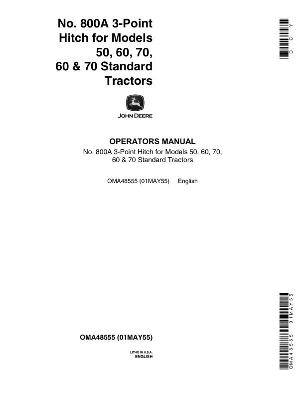 John Deere No. 800A Three-Point Hitch Operator's Manual (OMA48555)