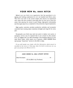 Alternative view of John Deere No. 800A Three-Point Hitch Operator's Manual (OMA48555)