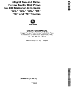 John Deere Integral 2- & 3-Furrow Tractor Disk Plows, 800 Series Operator's Manual (OMA49756)