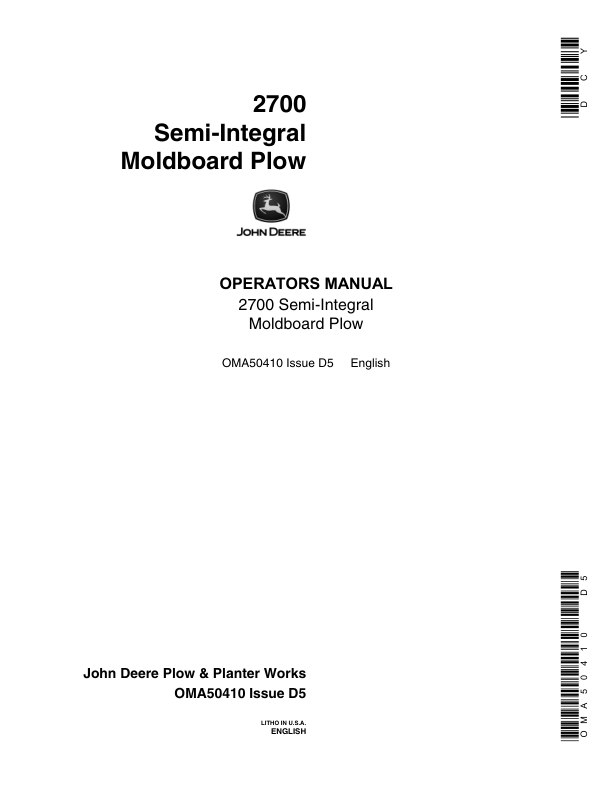 John Deere 2700 Semi-Integral Moldboard Plow Operator's Manual (OMA50410)