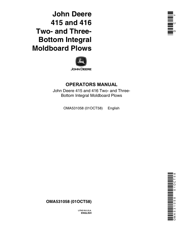 John Deere 415, 416 Two & Three Bottom Integral Moldboard Plows Operator's Manual (OMA531058)