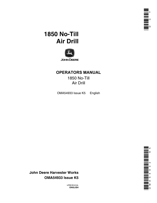 John Deere 1850 No-Till Air Drill Operator's Manual (OMA54933)