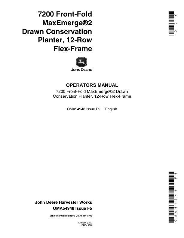 John Deere 7200 MaxEmerge2 Drawn Planters (12RN) Operator's Manual (OMA54948)