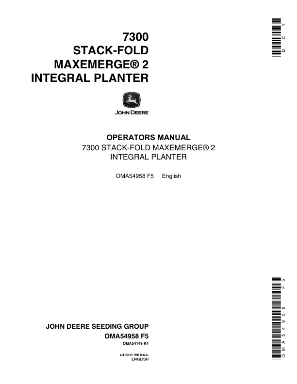 John Deere 7300 Stack-Fold MaxEmerge 2 Integral Planter Operator's Manual (OMA54958)