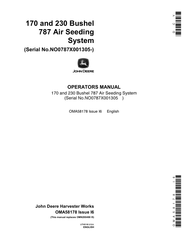 John Deere 787 Air Seeding System (001305-) Operator's Manual (OMA58178)