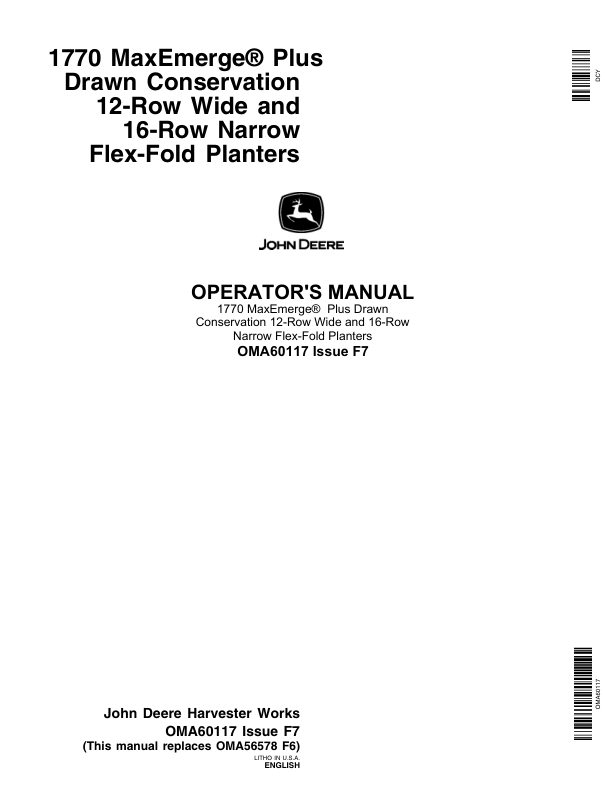 John Deere 1770 Drawn Planters (675101-675999) Operator's Manual (OMA60117)