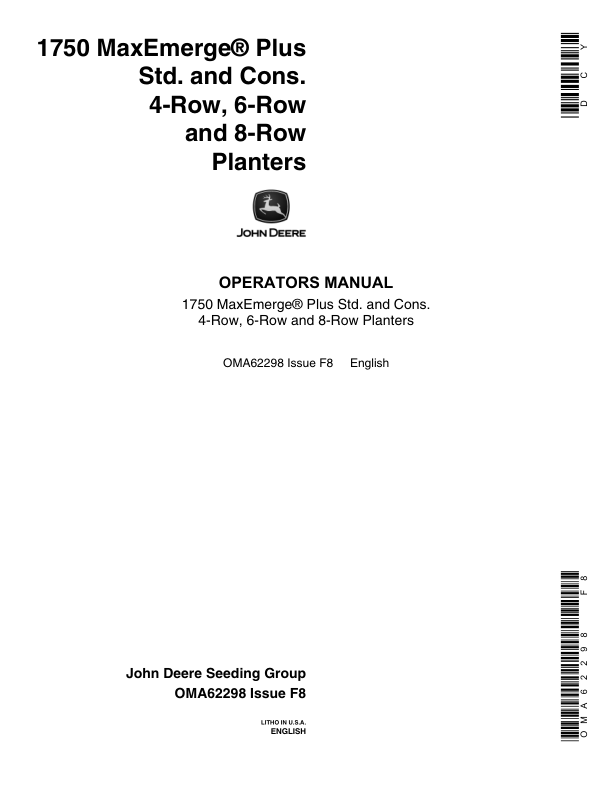 John Deere 1750 Drawn Planters (680100-684999) (4R - 6N - 6W - 8N = Conservation) (4N - 4W - 6N = Standard) Operator's Manual (OMA62298)