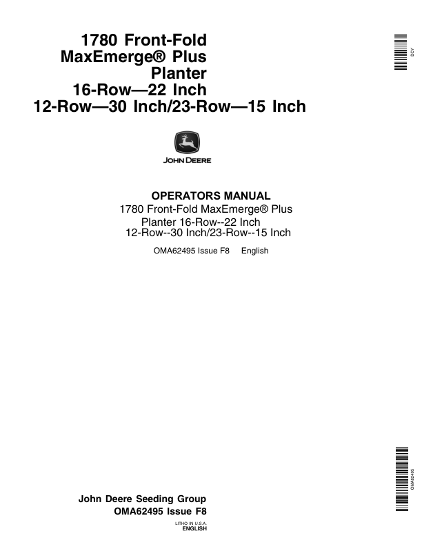 John Deere 1780 Planters / 12 Row - 30 In. Spacing / 23 Row - 15 In. Spacing (North American) Operator's Manual (OMA62495)