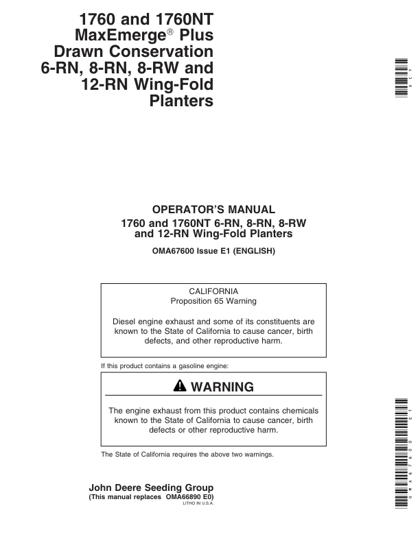 John Deere 1760 & 1760NT Planters (North American) (690101-695100) Operator's Manual (OMA67600)