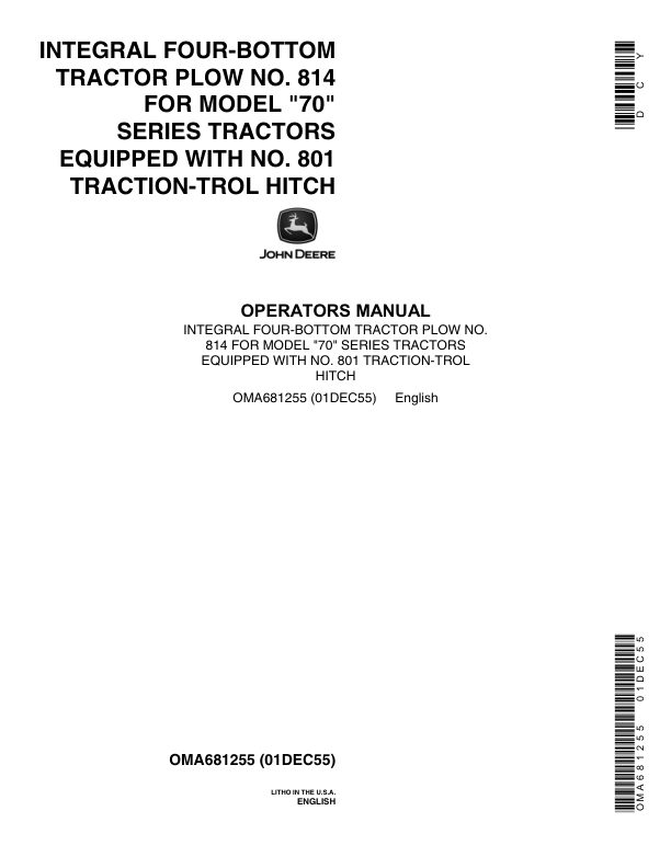 John Deere 814 Integral Moldboard Plow Operator's Manual (OMA681255)