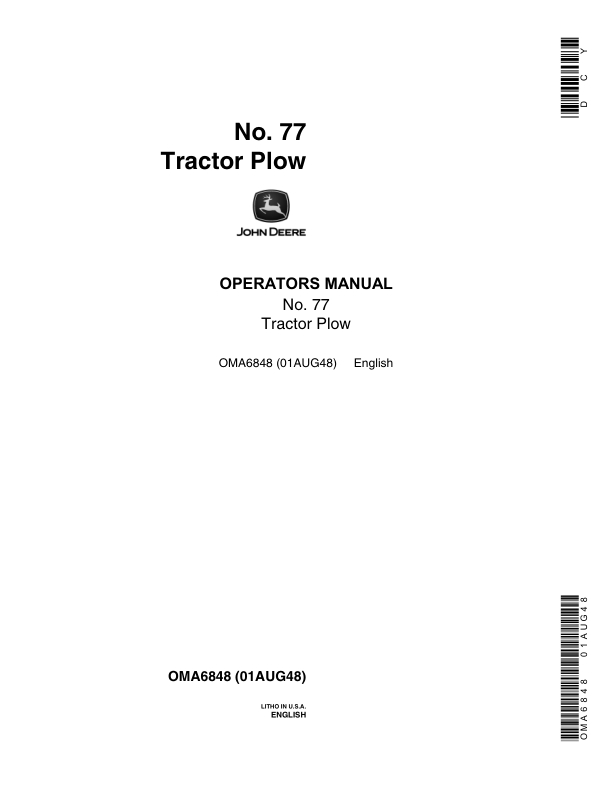 John Deere No. 77 Tractor Plow Operator's Manual (OMA6848)