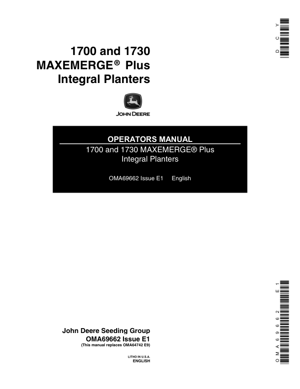 John Deere 1700, 1730 Integral Planters (695101-695999) Operator's Manual (OMA69662)