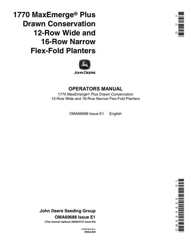 John Deere 1770 Drawn Planters (Includes OM Supplement A76259) Operator's Manual (OMA69688)