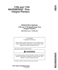 John Deere 1700, 1730 Integral Planters (695101-700999) Operator's Manual (OMA70299)
