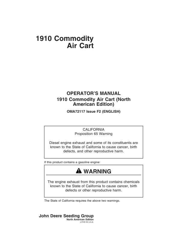 John Deere 1910 Commodity Air Cart (Ground Driven) North America (695101-695999) Operator's Manual (OMA72117)