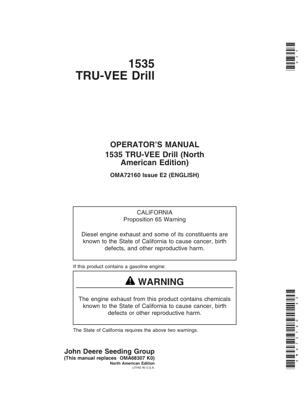 John Deere 1535 TRU-VEE Drill (North America) (000000-710100) Operator's Manual (OMA72160)