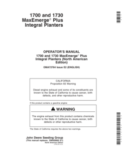 John Deere 1700, 1730 Integral Planters (700101-700999) Operator's Manual (OMA72764)