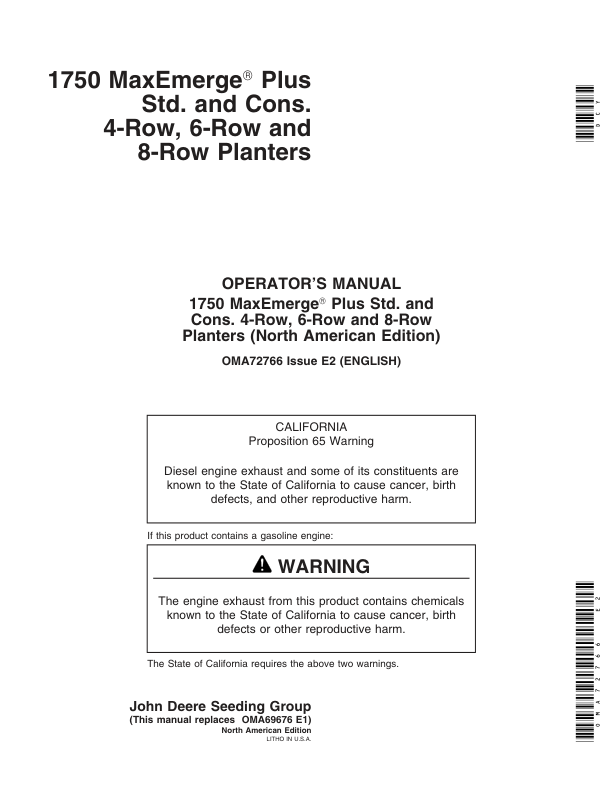 John Deere 1750 Drawn Planters (700101-715999) (4R - 6N - 6W - 8N) Operator's Manual (OMA72766)