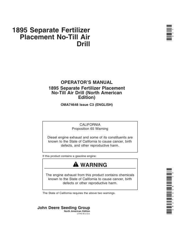 John Deere 1895 SFP No-Till Air Drill North America (7100101-705100) Operator's Manual (OMA74648)