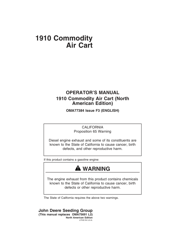 John Deere 1910 Commodity Air Cart (Ground Driven) North America (705101-710100) Operator's Manual (OMA77384)