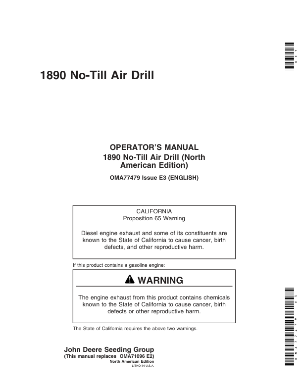 John Deere 1890 No-Till Air Drill North America (700101-705100) Operator's Manual (OMA77479)