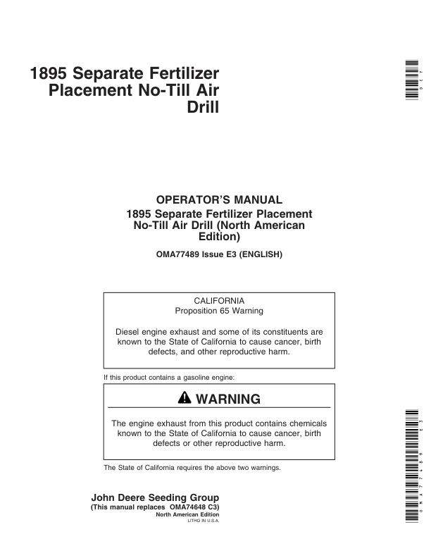John Deere 1895 SFP No-Till Air Drill North America (7050101-710100) Operator's Manual (OMA77489)