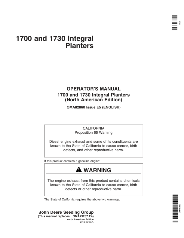 John Deere 1700 & 1730 Integral Planters North America & Australia Edition Standard Units (705101-715999) Operator's Manual (OMA82860)