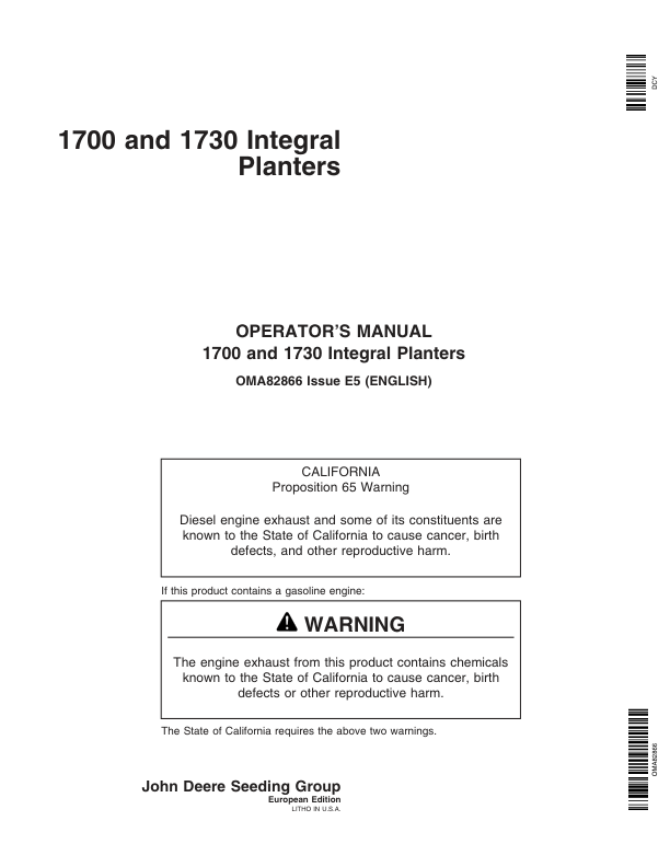 John Deere 1700 & 1730 Integral Planters Mexico Edition Metric Units (705101-715999) Operator's Manual (OMA82866)