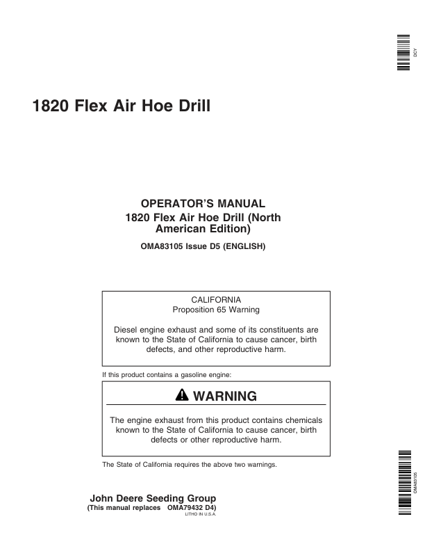 John Deere 1820 Flex Air Hoe Drill Operator's Manual (OMA83105)