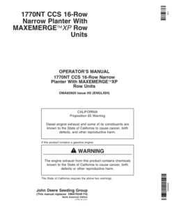John Deere 1770NT 16-Row CCS MaxEmerge Planter w/XP Row Units Operator's Manual (OMA83920)