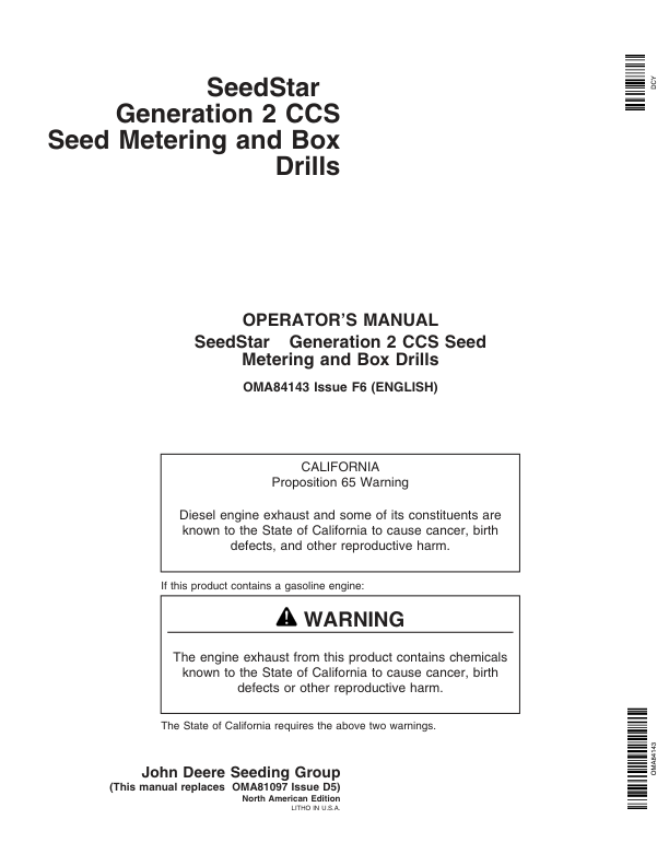 John Deere SeedStar 2 CCS Seed Meter Monitor North America (000000-730999) Operator's Manual (OMA84143)
