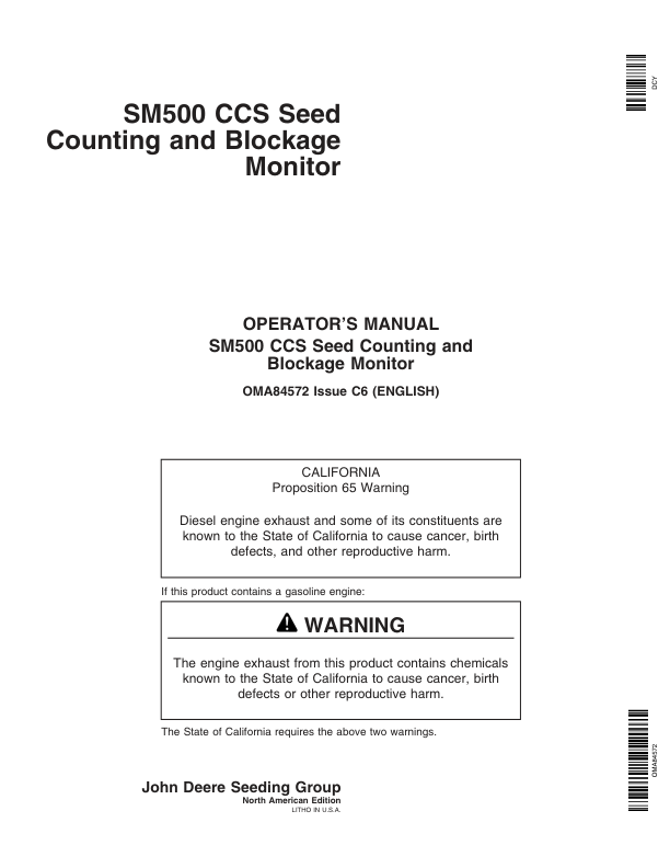 John Deere CCS Seed Counting & Blockage Monitor - SM500 Monitor Operator's Manual (OMA84572)