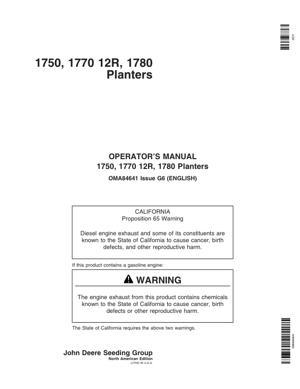 John Deere 1750 1770-12R, 1780 Drawn Planters (720101-720999) Operator's Manual (OMA84641)
