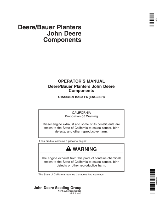 John Deere Components for DB44, DB58, DB60, DB66, DB80, DB88, & DB90 Deere/Bauer Planters Worldwide Edition (720101-725100) Operator's Manual (OMA84699)