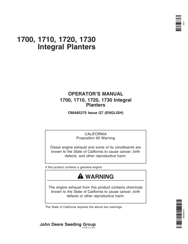 John Deere 1700, 1710, 1720 & 1730 Integral Planter North America & Australia Edition (725101-730100) Operator's Manual (OMA85375)