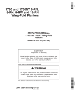 John Deere 1760 & 1760NT Planters / Order w/Rate Charts Manual per S.N. (720101- ) Operator's Manual (OMA85426)