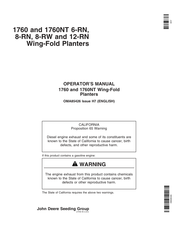 John Deere 1760 & 1760NT Planters / Order w/Rate Charts Manual per S.N. (720101- ) Operator's Manual (OMA85426)