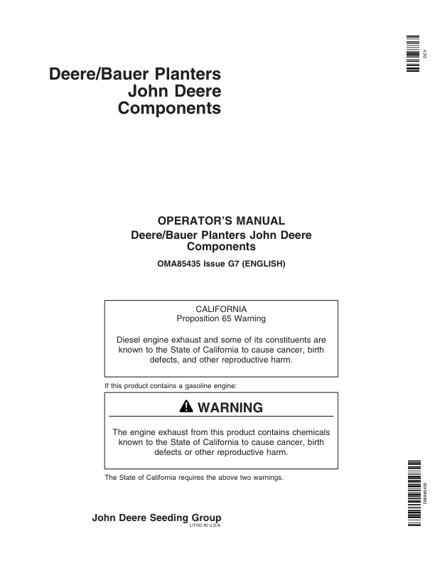 John Deere Components for DB44, DB58, DB60, DB66, DB80, DB88, & DB90 Deere/Bauer Planters Worldwide Edition (725101-730100) Operator's Manual (OMA85435)