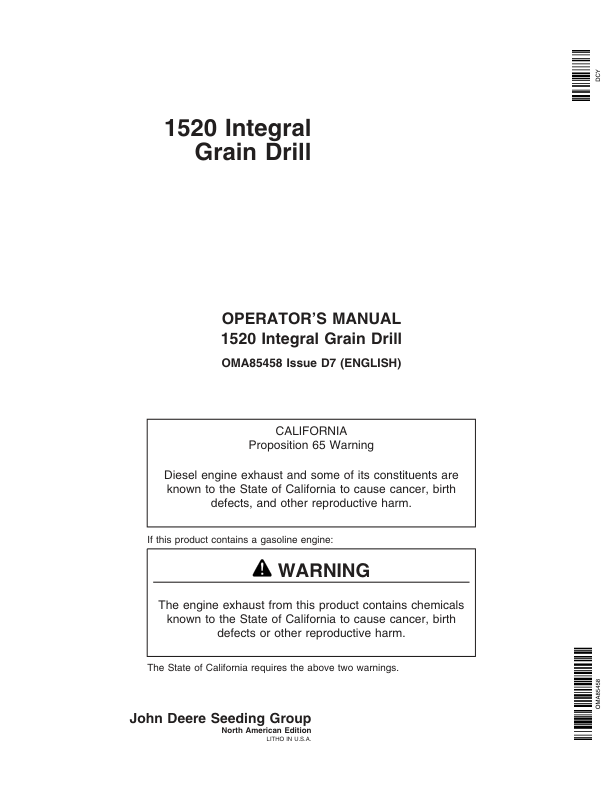 John Deere 1520 Integral Grain Drill (North America) (725101-745100) Operator's Manual (OMA85458)