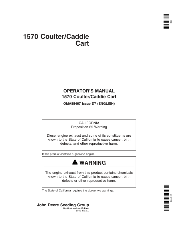 John Deere 1570 Coulter/Caddie Cart (North American) (725101-Current) Operator's Manual (OMA85467)