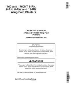 John Deere 1760, 1760NT 6-RN, 8-RN, 8-RW, 12-RN Wing-Fold Planters (730101-735100) Operator's Manual (OMA86802)